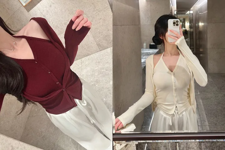 오묘한컬러감🌹*뷰엘단독* 아망 홀터넥 나시 가디건 투피스 세트 레이어드 가디건 봄가디건 상세 이미지 1