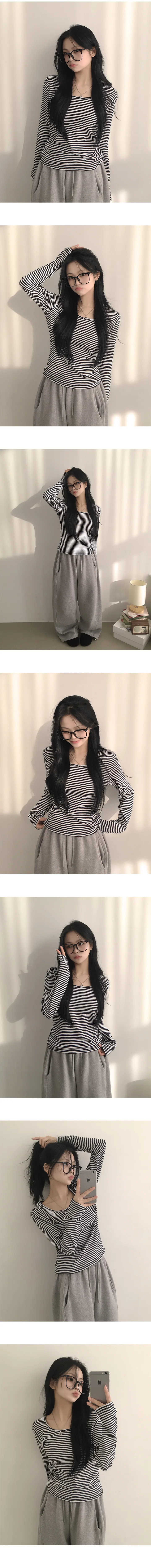 [여리여리~/여유있는말라핏] 팔뚝살 부각없는, 핀터레스트 단가라 스트라이프 스퀘어넥 여리핏 긴팔티셔츠 (4color) 상세 이미지 5