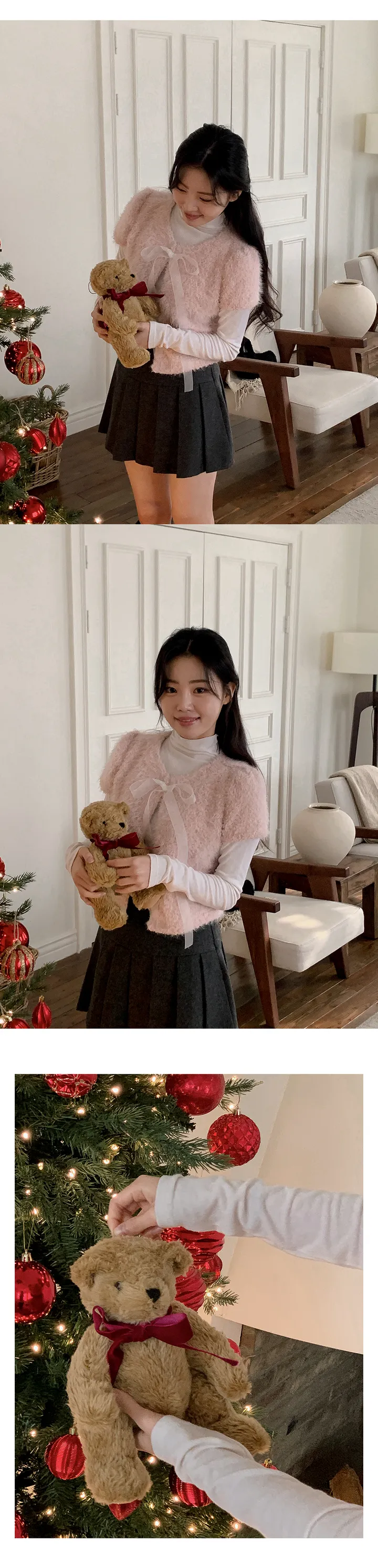 [하객룩][리본탈부착가능][리본 셋트][MADE][자체제작][국내 생산]스노우 시어 쉬폰 리본 퍼 반팔 가디건 (3color) 상세 이미지 27