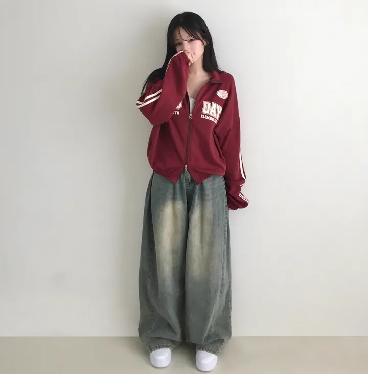 문의폭주!![핏보장🖤/왕오버핏!] 플로어 빈티지 프린팅 레터링 두줄 라인 배색 카라 투웨이 트랙 집업 남녀공용 커플아우터 빅사이즈 상세 이미지 15
