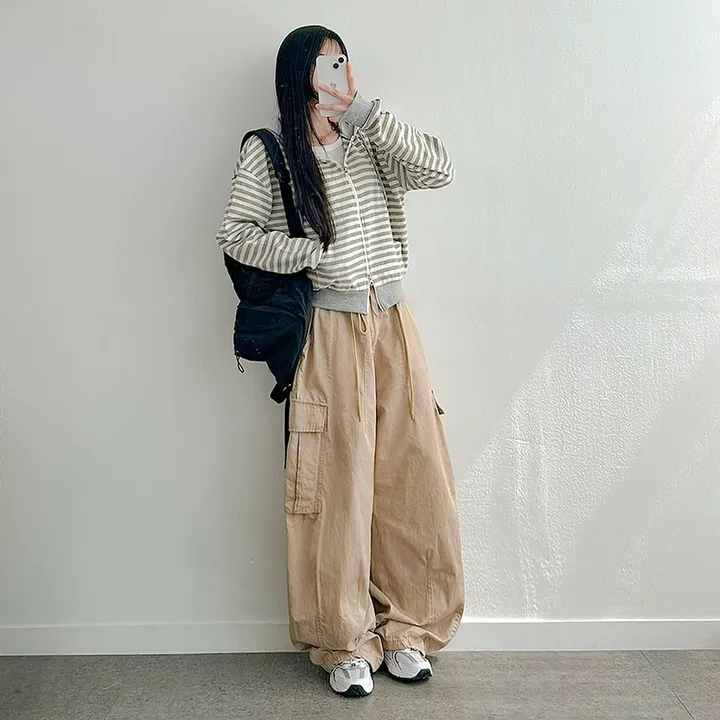 [캐주얼힙/투웨이] 스트라이프 단가라 배색 투웨이 지퍼 세미크롭 얇은 후드 집업 점퍼 봄 가을 간절기 아우터 모즈잔줄배색후드집업 상세 이미지 28