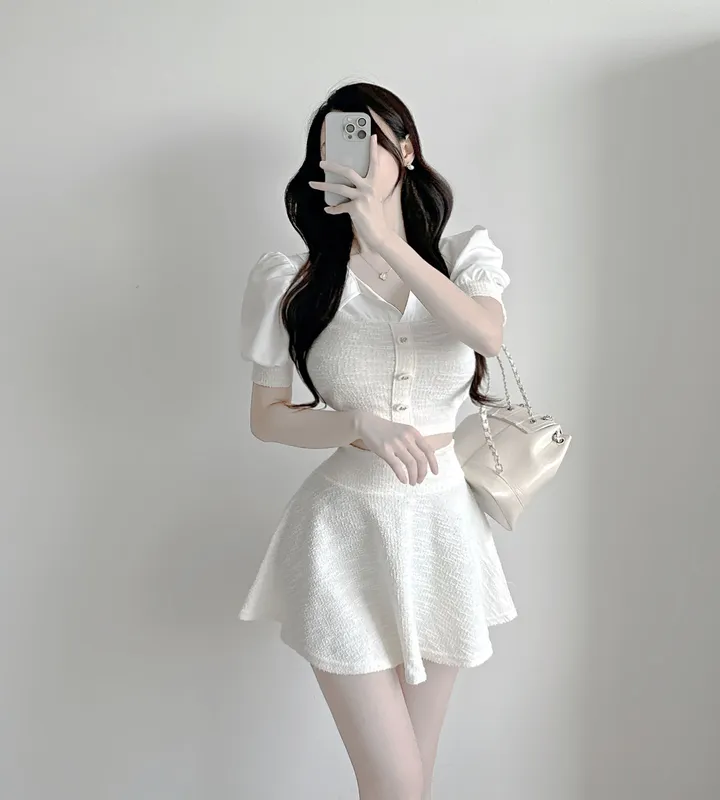 *봄여친룩+고퀄리티❤‍🔥프렌치 퍼프 블라우스 플레어 스커트 트위드 투피스 세트 (2color) 상세 이미지 10