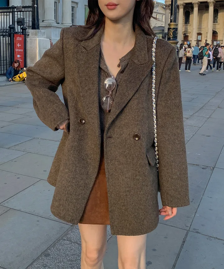 [wool70%🤎클래식무드] 모직 헤링본 핸드메이드 하프코트 자켓 반코트 아우터 절개 트임 코트 고퀄리티 루즈핏 봄 간절기 데이트룩 개강룩 4COL 상세 이미지 4