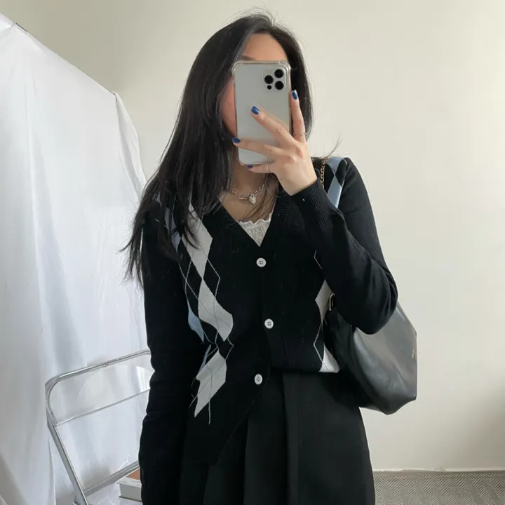 🚀빈티지 아가일  패턴 니트 가디건 1color 상세 이미지 13