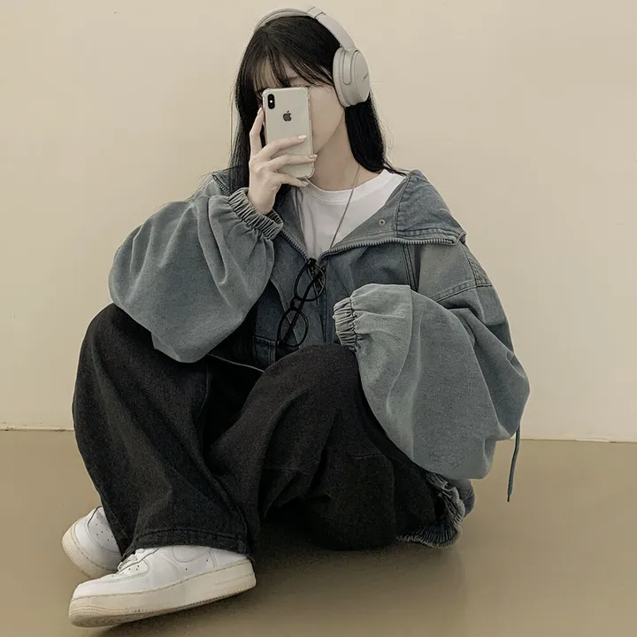 [남여공용/왕오버핏] 데님 투웨이 빅후드 오버핏 워싱 벌룬 청자켓 점퍼 연청 흑청 상세 이미지 4