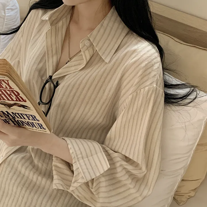 [여름셔츠✨/오버핏!] 버터링 스트라이프 바스락 코튼 레이어드 셔츠 넉넉함보장 빅사이즈 상세 이미지 8