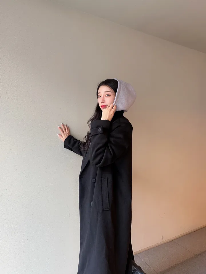 [패드내장/일체형/맥시롱기장감] 루즈핏 울 모직 후드 레이어드 롱 뒷트임 코트 1COLOR 상세 이미지 9