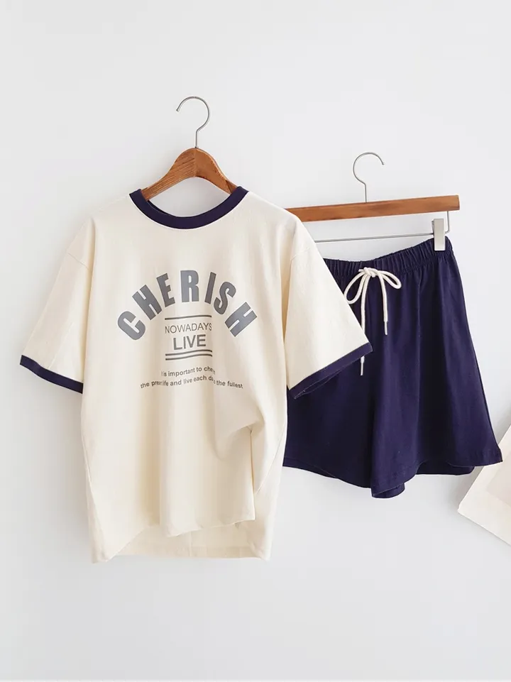 [데일리SET] 꾸안꾸 배색 포인트 레터링 프린트 반팔 티셔츠 밴딩 반바지 여름홈웨어 파자마세트 여름추리닝 트레이닝세트 여름휴가 바캉스룩 물놀이패션 휴양지룩 동남아여행룩 상세 이미지 9