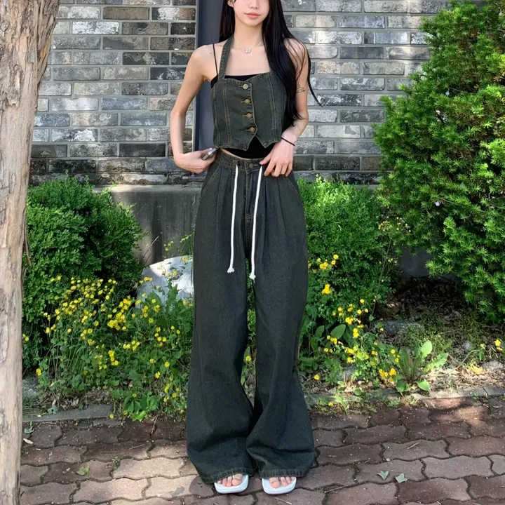 ⁎MADE [코디set/S~L] 치퍼 홀터 데님 크롭 뷔스티에 탑 나시 와이드 롱 생지 워싱 데님 청 팬츠 투피스 세트 <여행룩/힙/빈티지/인생샷!> 상세 이미지 27