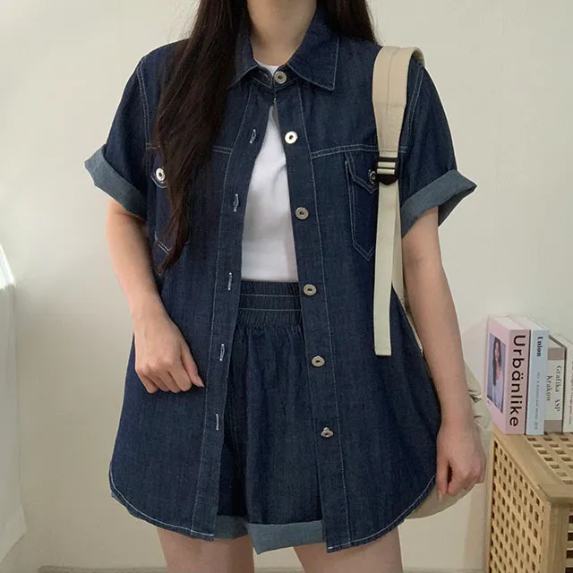청청 오버핏 생지 데님 반팔 셔츠 남방 & 밴딩 숏 데님 팬츠 SET 상세 이미지 3