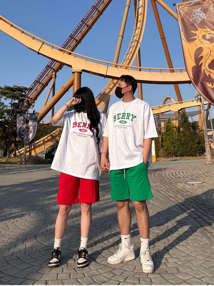 [세트가격🍓/4컬러]베리 남녀공용 커플 빅사이즈 반팔 반바지 세트 국내제작 꾸안꾸 반팔티 팬츠 셋업 커플룩 시밀러룩 츄리닝세트 반소매 여름 마실룩 여행 커플세트 상세 이미지 20