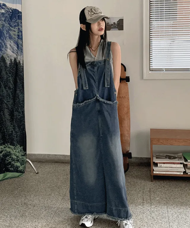 몬드너 프린지 포켓 멜빵 뒷트임 롱 데님 원피스