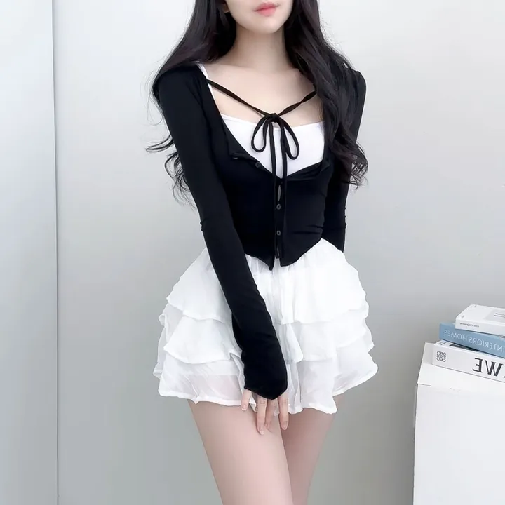 [데이트룩ღ여리핏] 수피 글램 라운드넥 끈 굴림 가디건 배색 나시 세트 4color 상세 이미지 26