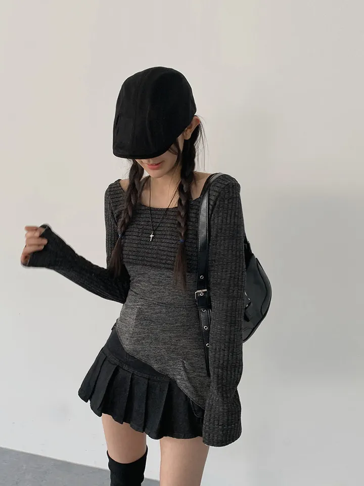 [레이어드세트/몸매보정핏! 뒷모습도완벽🖤 슬림핏 홀터나시 긴팔크롭티 레이어드세트] 리엘사선홀터나시SET 상세 이미지 3