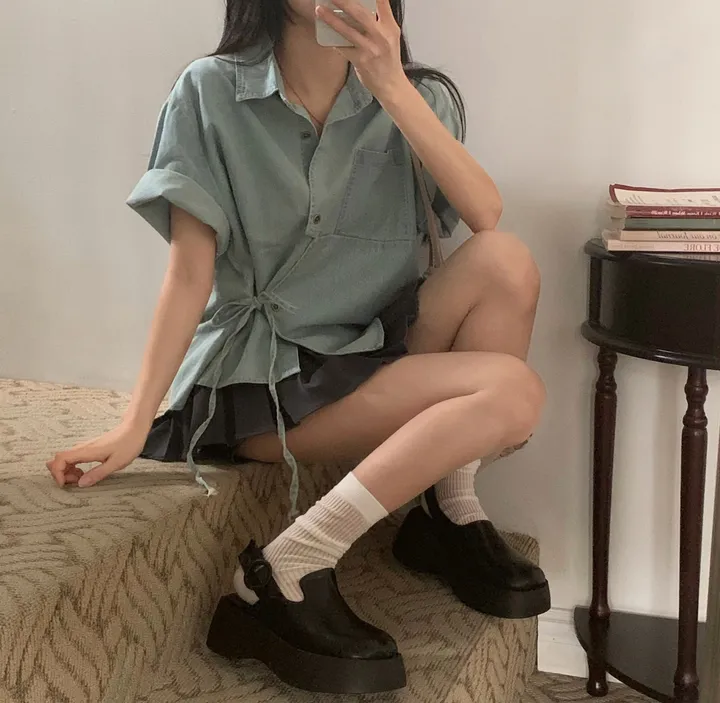[단독판매🤍/리본포인트!] 데님 사이드 리본 포인트, 루즈핏 카라셔츠 남방 - 2color 상세 이미지 15