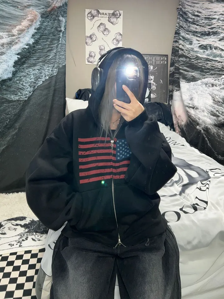 [봄ver/쭈리원단] 빈티지 성조기 후드집업 - 뒷프린팅 힙한 휘뚜루 아메리카 미국 플래그 아우터 봄아우터 논기모 꾸안꾸 마실 여행 집업 투웨이 남녀공용 커플룩 세미크롭 상세 이미지 11