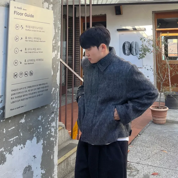 [캐주얼] 배색 남자 커플 오버핏 부클 털 모헤어 울 숏 하프 반 크롭 코트 점퍼 자켓 상세 이미지 28