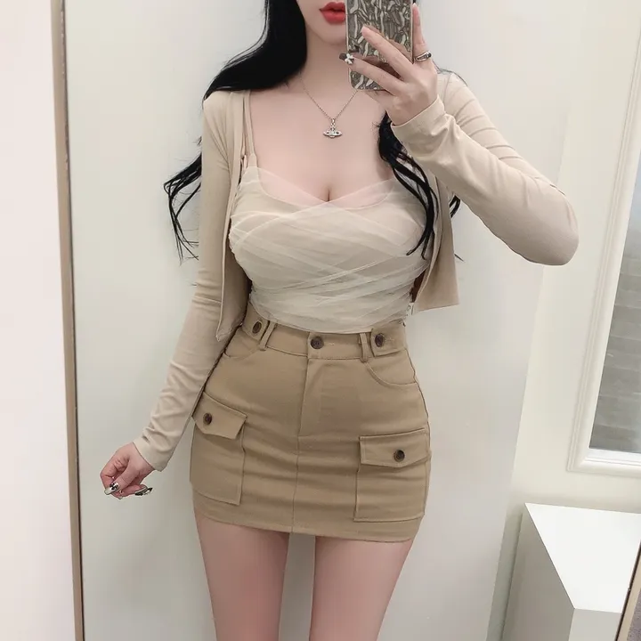 [3COLORS/SET] 더블셔링 레이스 레이어드나시&크롭가디건 세트/버닝블루 상세 이미지 6