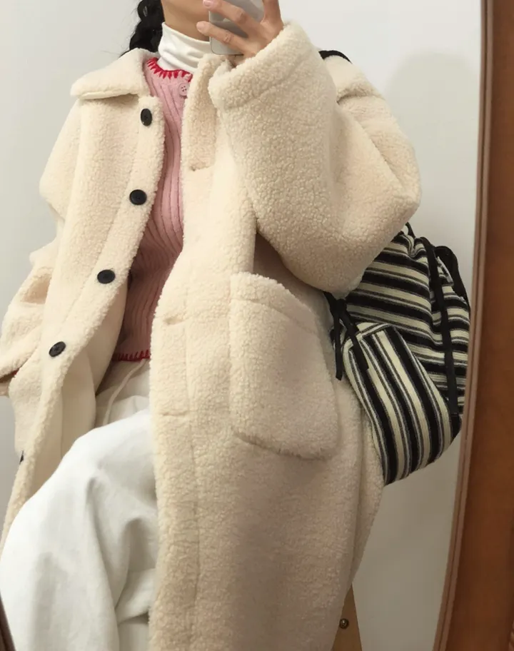 따뜻❤️뽀글이 털코트 겨울 카라 오버핏 롱코트 상세 이미지 20
