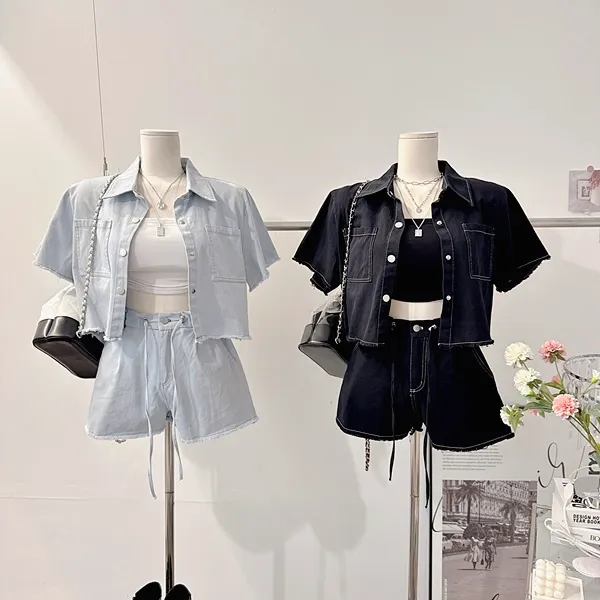 *최저가* [세트가격!/하객룩!] 드뷔 스티치 데님자켓 청자켓 데님셔츠 셔츠카라 버튼 포켓 반팔자켓 크롭자켓 스트링 밴딩 하이웨스트 와이드 반바지 숏팬츠 여름투피스 세트 데님세트 상세 이미지 47