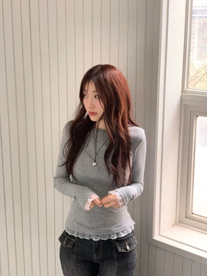 [-3kg🤍여리말라핏]사브리나 여리 레이스 레이어드 프릴 텐션 슬림핏 보트 라운드넥 롱슬리브 티셔츠 4color 상세 이미지 30