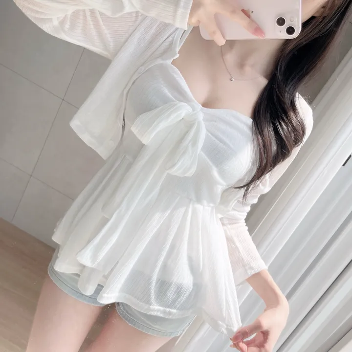 *퀄보장🩷뱃살커버* 클린 리본 플레어라인 나시 가디건 set 상세 이미지 3