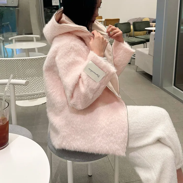 [러블리⛄/털빠짐X] 핑키 딸기우유 소프트 후드 퍼 뽀글이 앙고라 코트 집업 자켓 상세 이미지 22