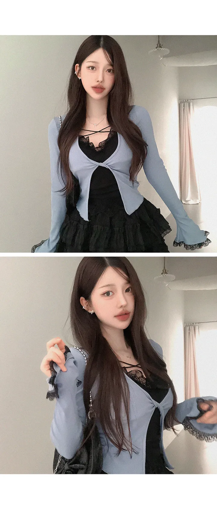 🖤전부세트!🖤 리벨 레이스나시 일체형 가디건 + 프릴 캉캉 미니 스커트 투피스 세트 봄투피스 봄세트 봄옷 봄신상 상세 이미지 3