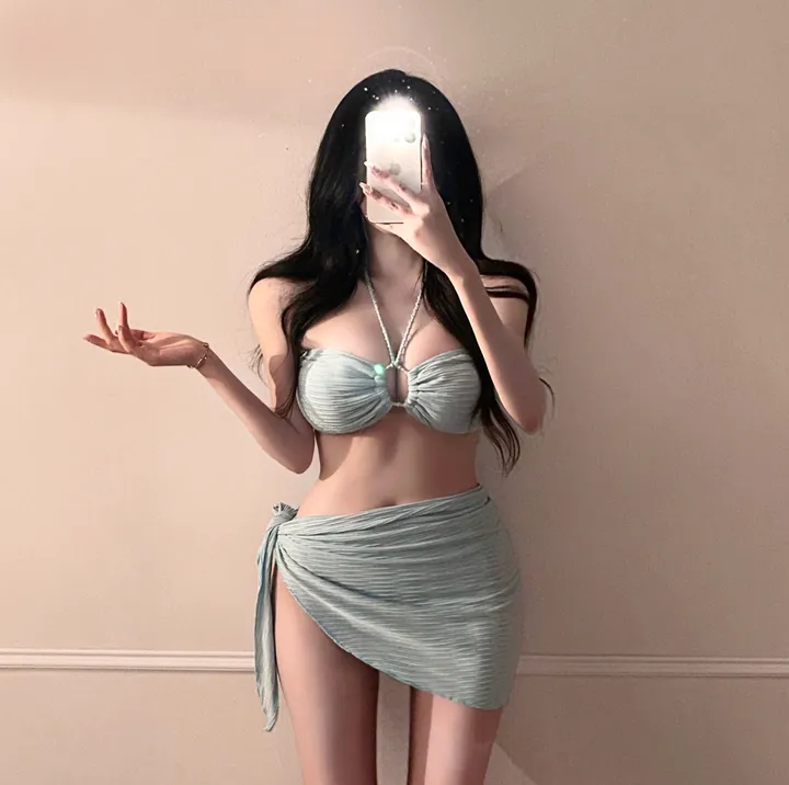 [최저가!!/핏보장/6col] 홀터넥 리본 X끈 4way 섹시 글램 스트랩 셔링 커버업 랩 스커트 치마 비키니 수영복 세트 비치웨어 휴양지룩 청순 여리 분위기 슬림핏 쓰리피스 상세 이미지 10