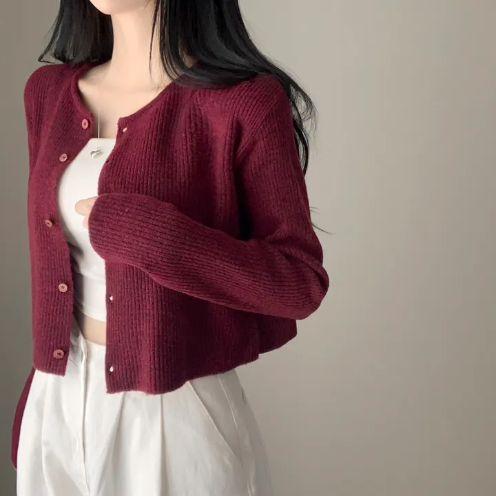 [캐시울/만족도100%] 크렌베리🍇 여리핏 캐시울 아크릴 라운드 골지 크롭 긴팔 가디건 상세 이미지 5