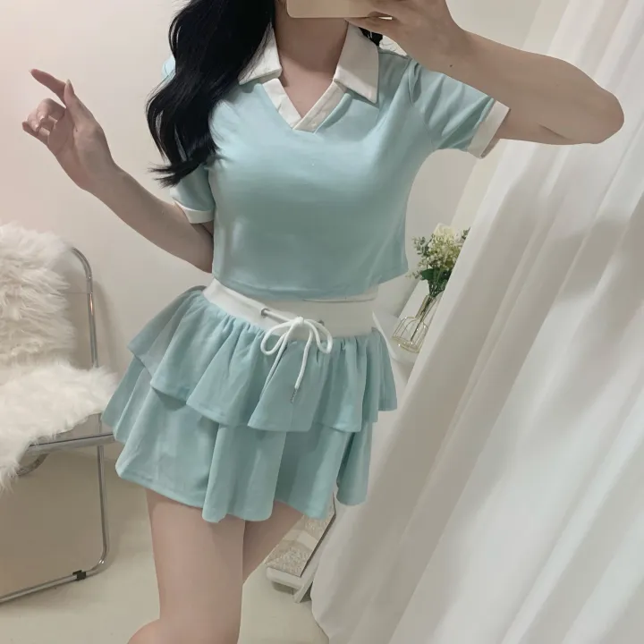 [세트가격/러블리💛] 플레인 배색 카라 크롭 반팔 + 밴딩 캉캉 치마바지 미니스커트 투피스 세트 4color 상세 이미지 26