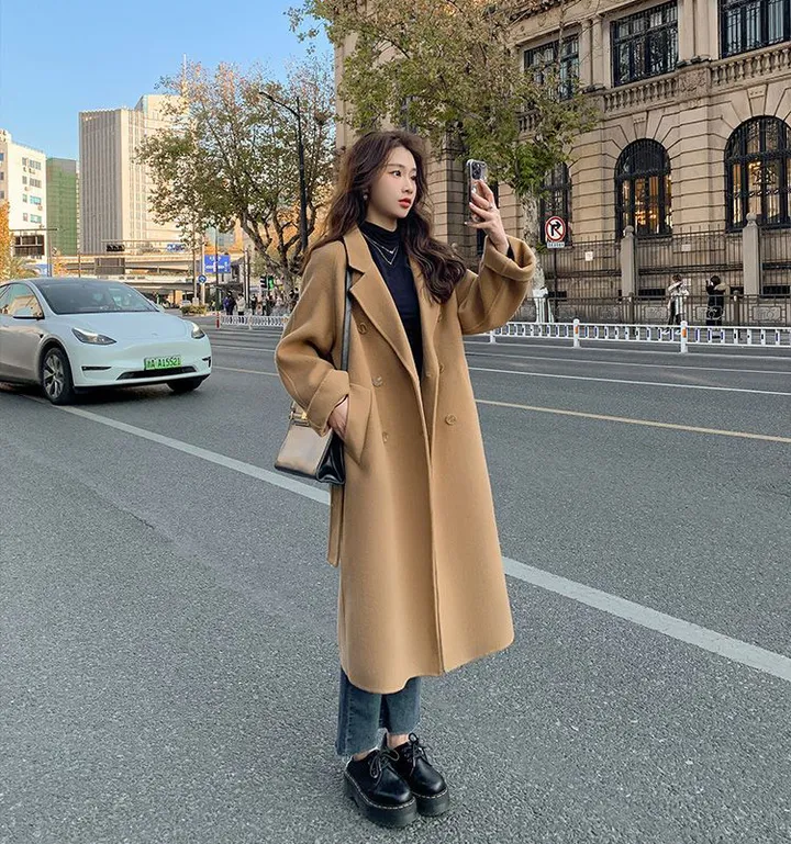 파스텔 더블 버튼 빅카라 테일러드 벨트 모직 롱 코트 상세 이미지 15
