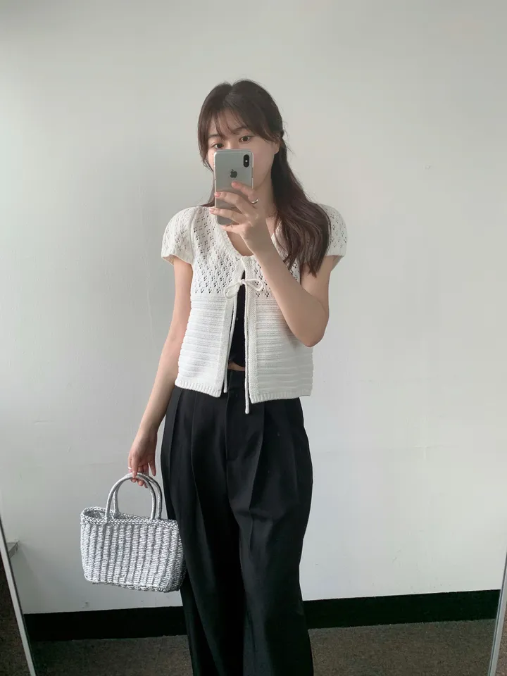 멜라운지 콤비 하프 가디건 mellounge 2col 반팔 여름 리본 펀칭 레이어드 러블리 상세 이미지 20