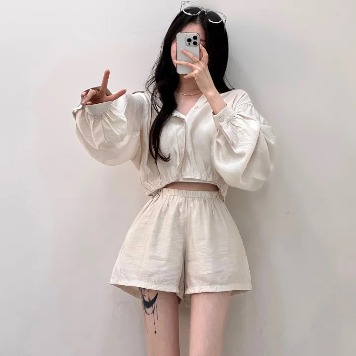 [한여름까지!/살안타템] 벌룬 끝판왕! 린넨 아방핏 크롭 밴딩 셔츠 후드 집업+실키 하이웨스트 3부 숏팬츠 반바지 투피스 세트 5color 상세 이미지 19