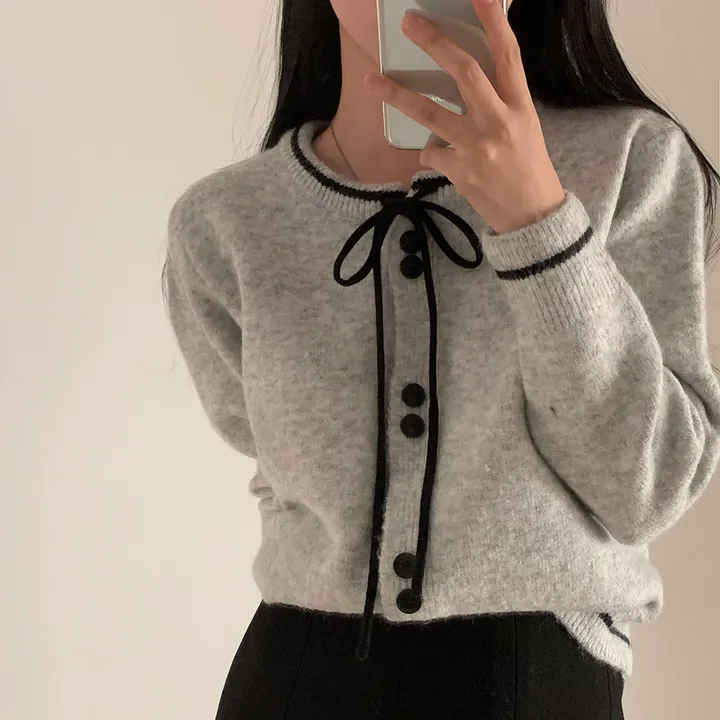 ✨최저가✨[데이트룩,하객룩] 프레젠트 리본 배색 니트 가디건 - cd 상세 이미지 10