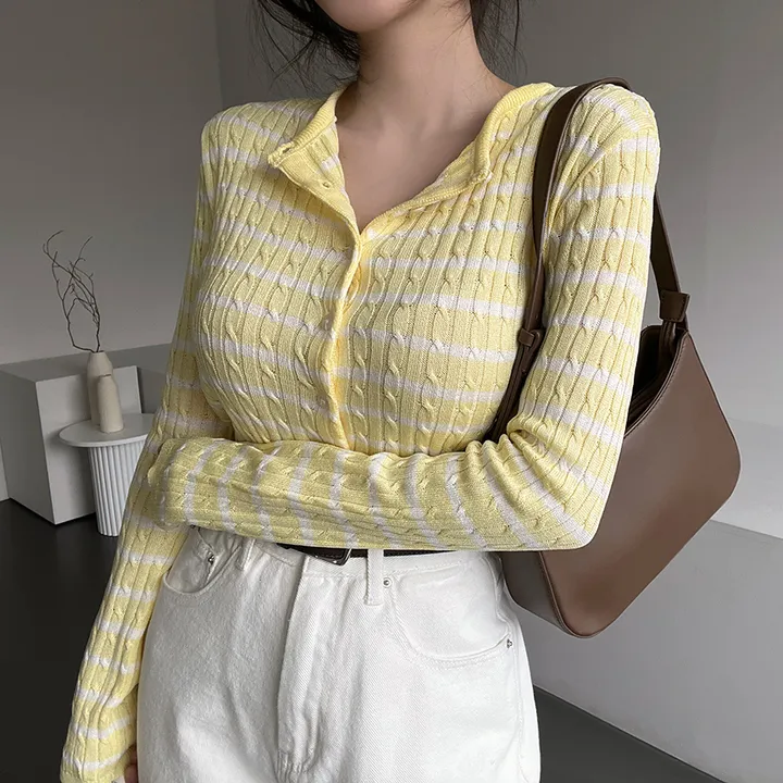 [데일리템💛/쫀쫀스판] 가나다란 리버 스트라이프 단가라 케이블 꽈배기 니트 가디건 4color 상세 이미지 8