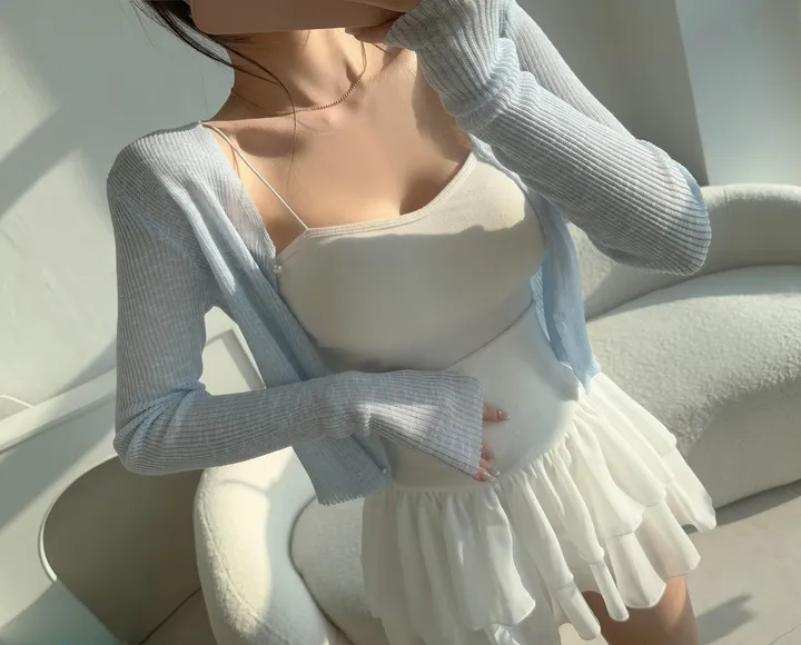 (8color) 【여리여리-!】 수채화 슬림핏 시스루 롱슬리브 진주 버튼 부클 가디건 상세 이미지 29