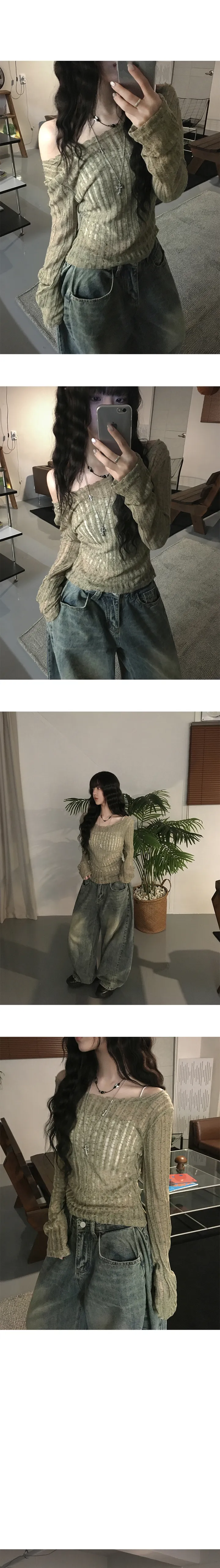 [넉넉슬림핏/살안타템🖤] 시오 데미지 시스루 보트넥 오프숄더 백리본 여름 긴팔 니트 티셔츠 4color 상세 이미지 5