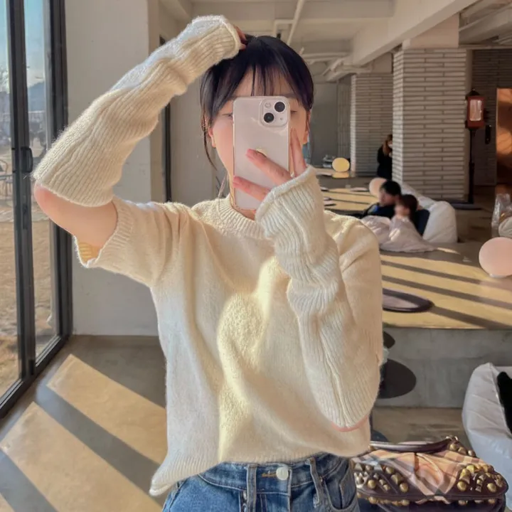 [워머SET/재진행‍🔥] 러블리 보들 울 핸드 워머 니트 세트 루즈핏 트임 반팔 니트티 라운드넥 토시 니트투피스 상세 이미지 11