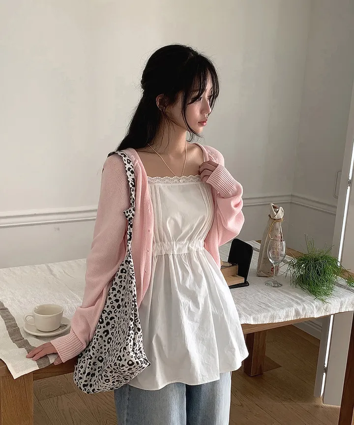 [데일리가디건💗] 데이쥬 팬던트 루즈핏 레이어드 브이넥 니트 가디건 봄 여름 가을 / 벚꽃룩 캠퍼스룩 데일리룩 클래식블랑 상세 이미지 9