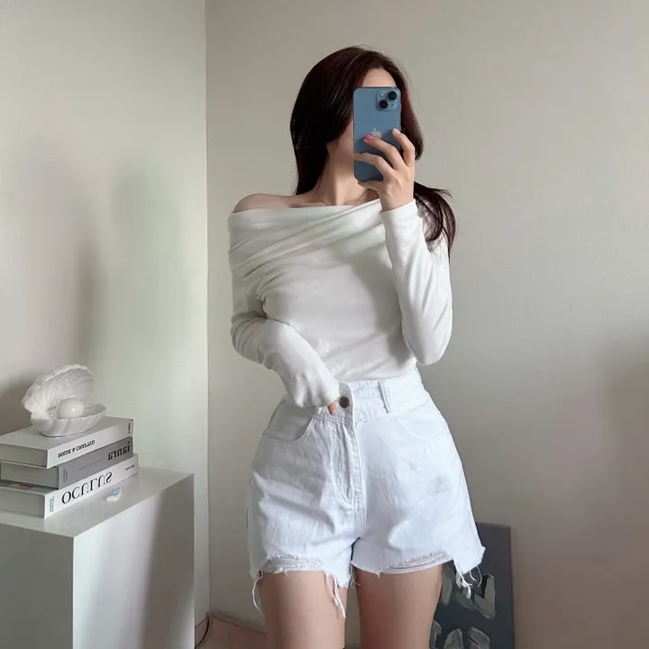 밑단u![군살커버여유핏/살짝오프숄더-]가슴안감으로 비침없는, 드레이핑 셔링 밑단 라운드 굴림 언발 쫀득 고퀄 분위기 여신 긴팔 크롭 루즈핏 티셔츠 (4col):리틀페어리 상세 이미지 8
