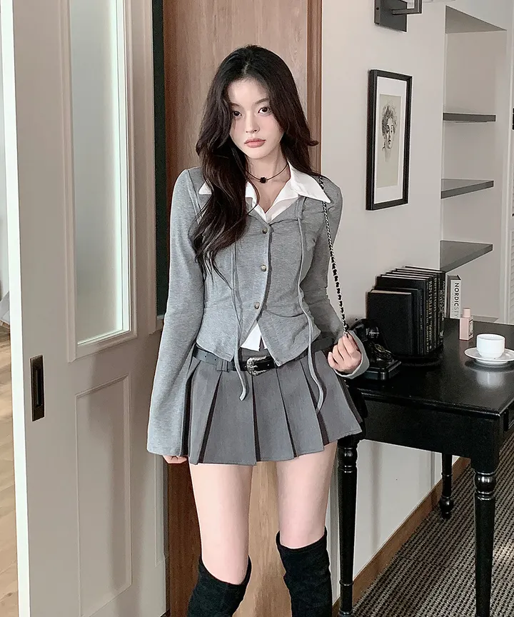 [반팔/긴팔❄일체형💗고퀄ver] 칠리 셔츠 가디건 일체형 레이어드 리본 슬림핏 긴팔 반팔 티셔츠 가디건 봄 겨울 가을 / 하객룩 출근룩 소개팅룩 데이트룩 클래식블랑 상세 이미지 23