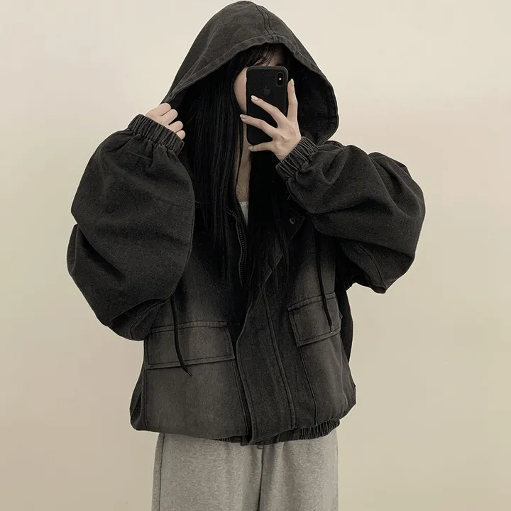 [남여공용/왕오버핏] 데님 투웨이 빅후드 오버핏 워싱 벌룬 청자켓 점퍼 연청 흑청 상세 이미지 22