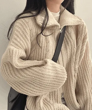 [국내!/퀄리티대박~!] 카라넥 / 하이넥 아방핏 벌룬 투웨이 꽈배기 니트 집업 5color