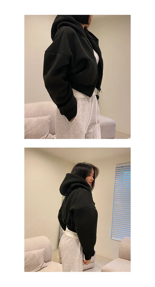 [주문폭주]언더립 기모 오버핏 크롭 투웨이 후드 숏 집업 점퍼(블랙/그레이/차콜) 상세 이미지 8