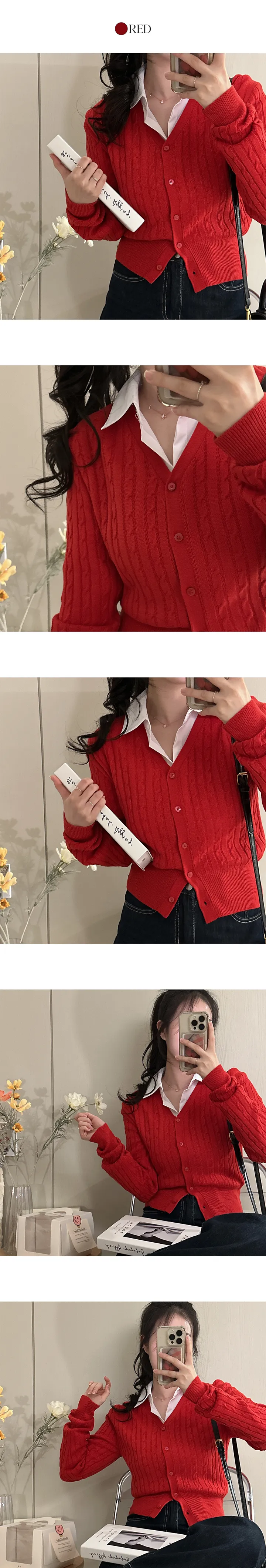 [🔥국내제작🔥/157℃] 허리 라인이 예쁜 심플 브이넥 꽈배기 가디건 상세 이미지 8