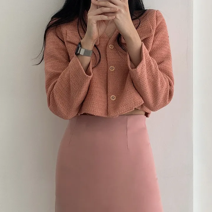 [부분 당일배송🎀1000장돌파!! 리뷰극찬🔥컬러추가!] 트위드 세미 크롭 자켓 노카라 간절기 하객룩 숏자켓 핑크 아이보리 블랙 네이비 - 5colors 상세 이미지 32
