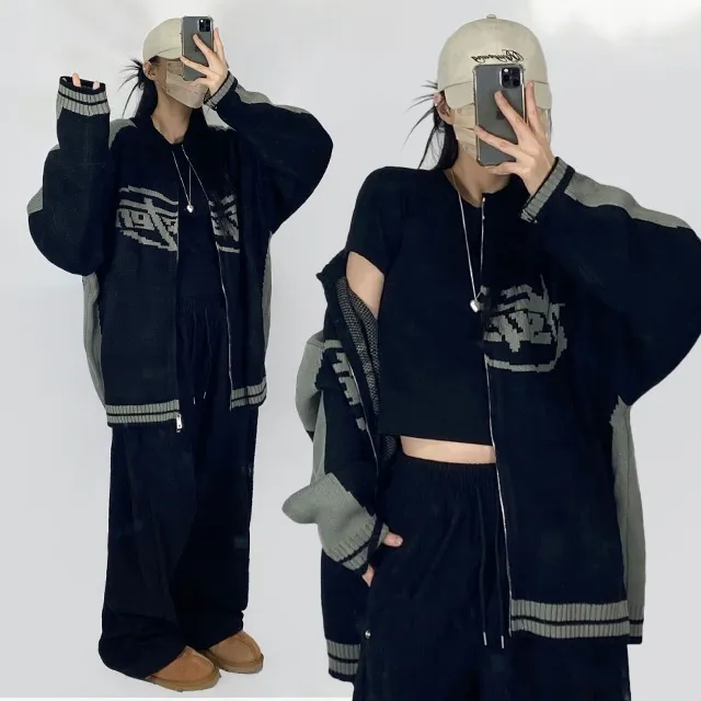 [~3XL] 빈티지 힙무드 박시니트집업💝 배색 나그랑 스트릿/투웨이 남녀공용 커플 빅사이즈 [4070] 상세 이미지 11