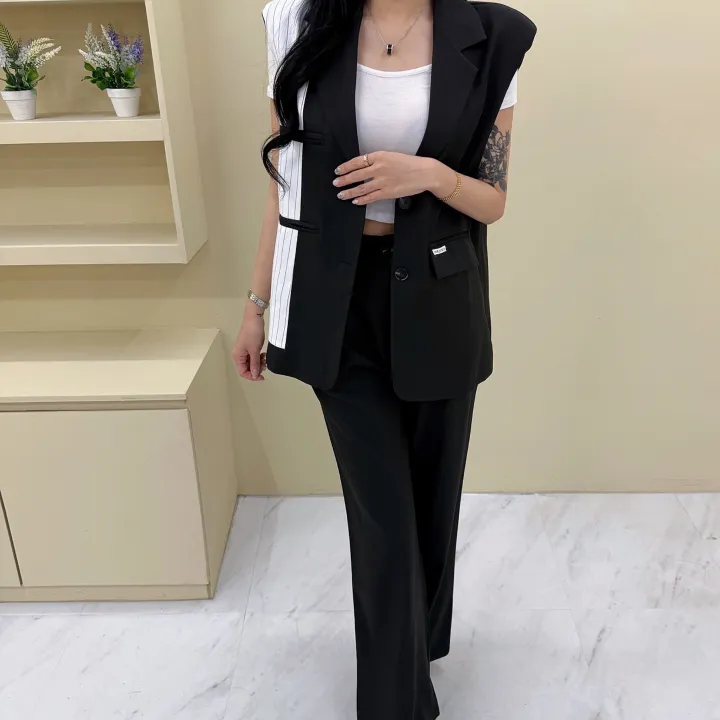 [패드내장/뒷패치/세트가] 왕 패드 포켓 패치 루즈핏 배색 스트라이프 베스트 조끼 린넨 자켓 + 하이 롱 와이드팬츠 슬랙스 투피스 셋업 (2COLOR) 상세 이미지 18