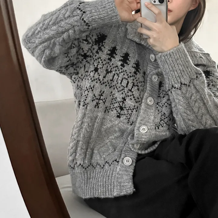 당일출고🚀[wool20%/두툼❄] 하이넥 스노우 패턴 노르딕 루즈핏 가디건 3color 상세 이미지 45